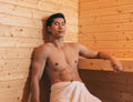 Asian Man With Muscular Body Relaxing In Sauna Royalty Free Stock Photo