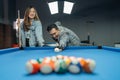 asian man poking the white ball for starting the billiard Royalty Free Stock Photo