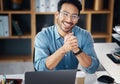 Asian man, portrait smile and small business finance or networking at office desk. Portrait of happy male analyst