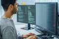 Asian man prompt engineer develop coding app with software data sitting in front of computer monitor at office Royalty Free Stock Photo