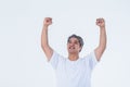 Asian man raised both hands above the head, showing joy and succeed Royalty Free Stock Photo