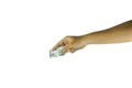 asian man's hand holding some 50000 rupiah indonesian currency on solid white background Royalty Free Stock Photo