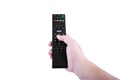 Asian man`s hand holding a TV remote control in the hands on white background or isolated Royalty Free Stock Photo