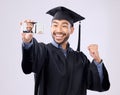 Asian man, selfie and smile for graduation, scholarship or diploma against a white studio background. Happy male Royalty Free Stock Photo