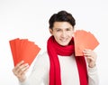 Asian man showing the red envelope Royalty Free Stock Photo