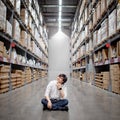 Asian man sitting in aisle of warehouse