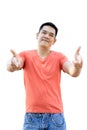 Asian man is standing in front pointing on white background