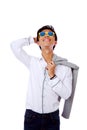 Asian man in sunglasses looking up Royalty Free Stock Photo
