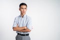 asian man thinking something and looking to the side Royalty Free Stock Photo