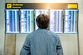 Asian man tourist looking at arrival departure board Royalty Free Stock Photo