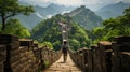 Asian man walking at majestic Great Wall of China near Beijing, China. Travel and adventure concept. Generative AI