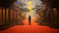 Mysterious Red Road: A Richly Detailed Genre Painting With Dramatic Perspective