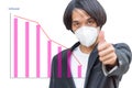 A asian man wear N95 mask and show his hand thum up with Decrease Line graph Royalty Free Stock Photo