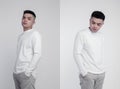 Asian man wear white long sleeve t shirt isolated on background with mock up concept Royalty Free Stock Photo