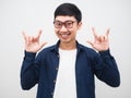 Asian man wearing glasses happy smile at face show hand love portrait white background Royalty Free Stock Photo