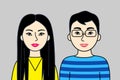 Asian man and woman. .two Chinese, Japanese or Korean young adults, cartoon simple portrait. Pair of friendly nice people. Vector