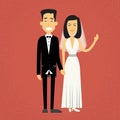 Asian Marriage Couple Fiance And Bride Wear Wedding Dress Holding Hands Flat Design Vector Illustration