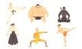 Asian Martial Arts Fighters Set, Male Professional Athletes Practicing Different Technique Kicks, Karate, Sumo, Aikido