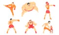 Asian Martial Arts Fighters Set, Male Professional Athletes Practicing Different Technique Kicks, Wushu, Boxing, Sumo