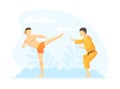 Asian Martial Arts Fighters, Two Male Athlete Characters Competing Vector Illustration