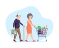 Asian mature couple going with shopping cart basket buying grocery at supermarket carrying purchase Royalty Free Stock Photo