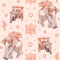 Asian means of transport. Elephants, tuk-tuk and pedestrians, Linear sketch seamless pattern.