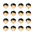 Asian men with rosy cheeks. Vector avatars and emoticons set.