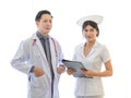 Asian middle aged male professional doctor in white lab coat with stethoscope standing smiling crossed arms together team up with Royalty Free Stock Photo