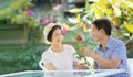 Asian middle-aged man gives a rose to his wife in valentine day Royalty Free Stock Photo