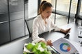 Asian millennial businesswoman working at her desk, analysing financial data Royalty Free Stock Photo