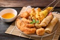 Asian mixed deep fried food chicken, spring roll, wonton and crab stick Royalty Free Stock Photo