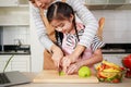 Love moment of Asian family mom and daughter helping preparing vegetable salad in kitchen at home Royalty Free Stock Photo