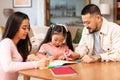 Asian Mom And Dad Teaching Preschool Daughter To Write Indoors Royalty Free Stock Photo