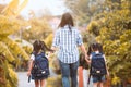 Asian mother and daughter pupil girl going to school