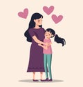 Asian mother embracing young daughter with love. Happy smiling family moment with hearts. Affectionate parent and child