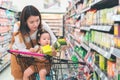 Asian mother and her daughter buying food at huge supermarket , Baby sit in trolley, Family shopping concept Royalty Free Stock Photo