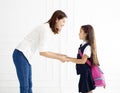 Mother holding hand of daughter ready go to school Royalty Free Stock Photo