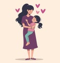 Asian mother hugging young daughter, both smiling, warm family moment with hearts background. Mother s love and child