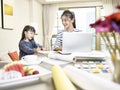 Asian mother working at home while caring for daughter Royalty Free Stock Photo