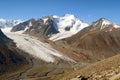 Asian mountains: high peak with rocks and summit covered by snow and a giant glacier that gives rise to river