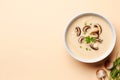 Asian mushroom soup, vegetarian, for a healthy diet. On a beige light background. Royalty Free Stock Photo