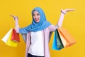 Asian Muslim woman hijab happy with shopping bag Royalty Free Stock Photo