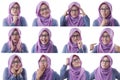 Asian muslim woman with various face expressions, happy, smile, laugh, angry, shock worried