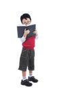 Asian nerd boy reading book - isolated