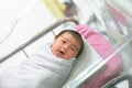 Asian newborn baby in bassinet at delivery room at hospital