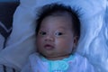 Asian newborn baby waking up open eyes looking around at night after parent sleep.Sleep cycle of newborn baby.Newborn baby life