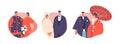 Asian Newlywed Couples Round Icons. Marriage Traditions And Culture, Traditional Japanese Wedding. Bride And Groom