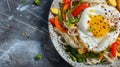 Asian Noodle Bowl with Fried Egg and Fresh Vegetables Top View Royalty Free Stock Photo
