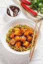 Asian noodle bowl with hoisin baked tofu cubes Royalty Free Stock Photo