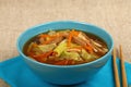 Asian noodle ramen soup with beef and vegetables Royalty Free Stock Photo